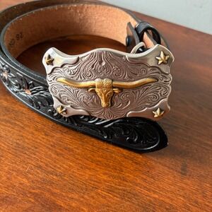Tony Lama Belt Kids Size 28 Black Western Floral Tooled Longhorn Buckle C60113
